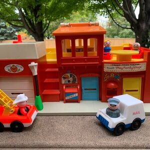 Vintage Fisher-Price play family Village Town Fireman, Mailman Post Office Dog